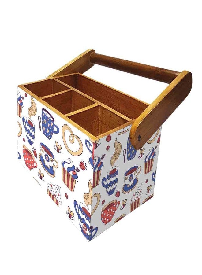 Nutcase Wooden 4 Compartment Utensil Flatware Cutlery Caddy Holder with Handle Napkin Stand - Tea Cup - Image 5